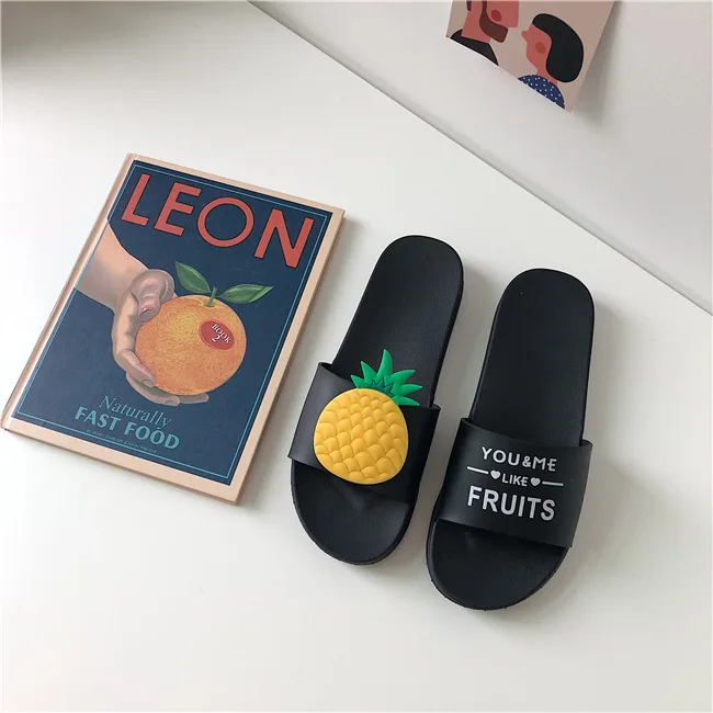 black pineapple Для женщин Ананас обувь с фруктовым принтом; Летние Тапочки Арбуз клубника Вьетнамки; домашние шлепанцы без задника с открытыми пальцами; женские слипоны; обувь для учащихся; - Цвет: black pineapple