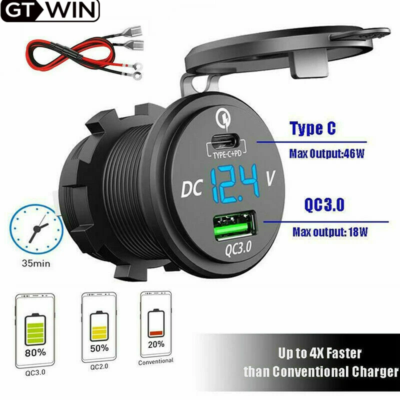 

GTWIN PD QC3.0 Dual USB Charger Socket Adapter With LED Voltmeter Waterproof Dustproof Cover For 12/24V Car Motorcycle Boat