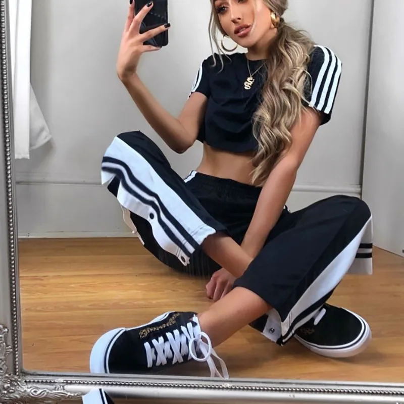 Lucyever/черные брюки в полоску женские свободные для бега с боковыми пуговицами