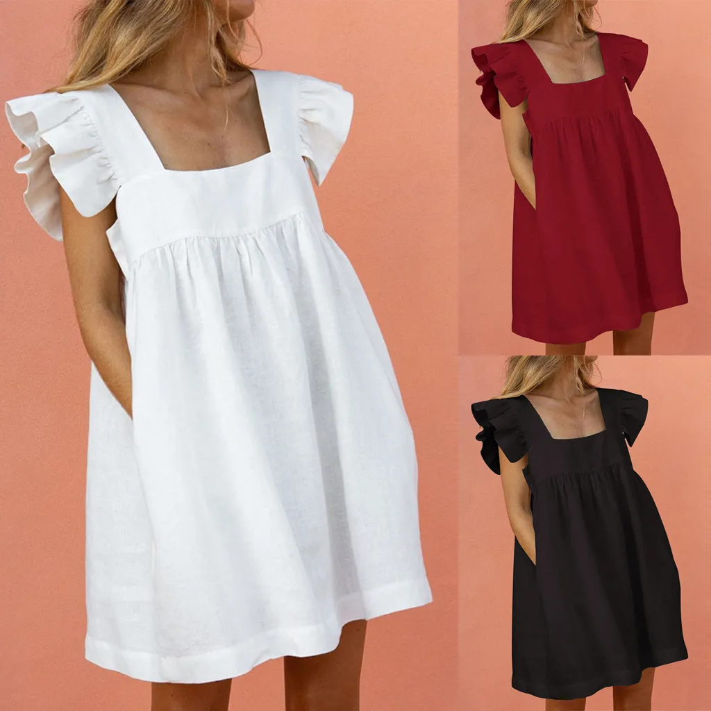 

Women's summer Ruffle sleeveless dress elegant square neck pocket pleated short sleeve mini dress retro solid dress