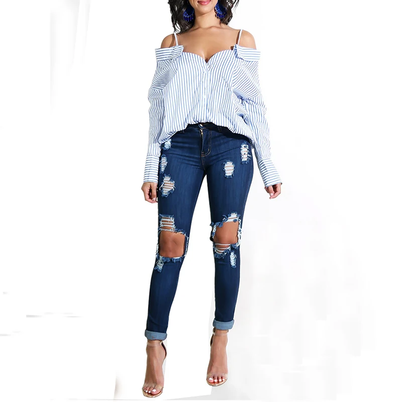 PatPat стильная с открытыми плечами в тонкую полоску длинным рукавом рубашка для