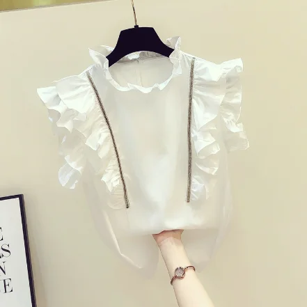 

Fire Short Sleeve Shirt Female Sweet Flounces Beads Studded Chiffon Blouse Summer Autumn Ladies Tops Blusa White Pink Blue