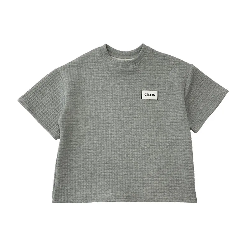 

New solid color 2021 tide girls check short-sleeved cotton T-shirt ins loose label bottoming shirt