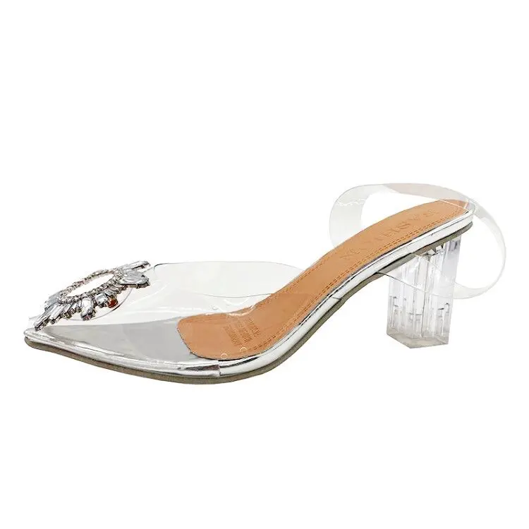

Shoes Woman's Slippers Pointed Toe Slides Heeled Mules Lady Big Size 2021 High Girl Summer Transparent Scandals Rubber Sexy PU B