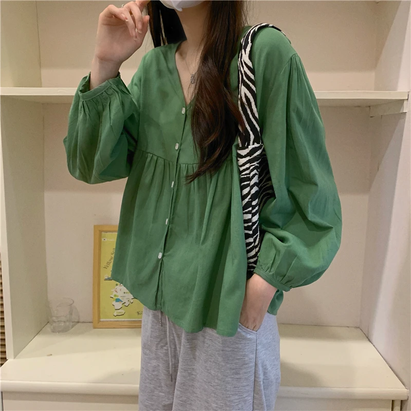 

Женская рубашка с V-образным вырезом Alien Kitty, зеленая Повседневная нежная универсальная блузка с рукавами-фонариками в минималистском стиле,...