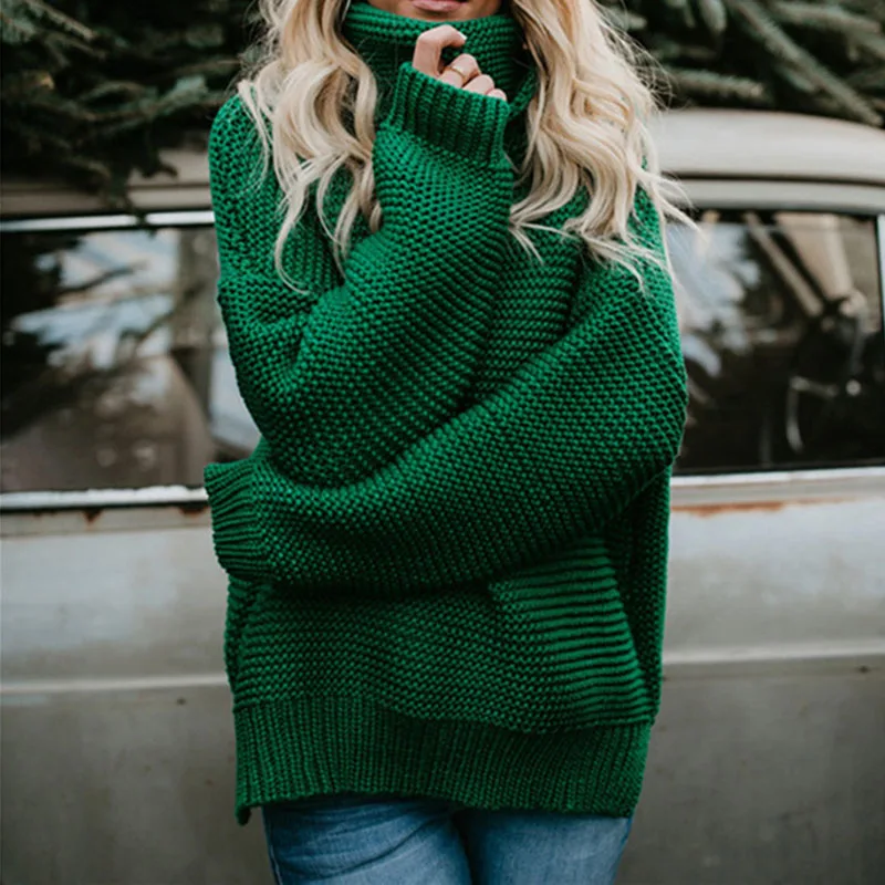 Женский пуловер с высоким воротником, теплый вязаный свитер-водолазка оверсайз зеленого цвета на осень и зиму, 2021