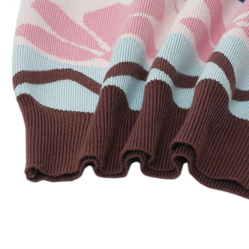 

Pink Flower Color Striped Jacquard Sweater Women Autumn And Winter Contrast Diamond Lattice Japanese Sweet Tops Knited Pullover