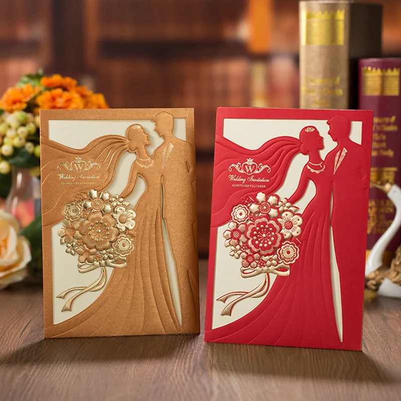 

Золотисто-красные свадебные пригласительные открытки, 50 шт., элегантные поздравительные открытки для невесты и жениха, конверты на заказ дл...