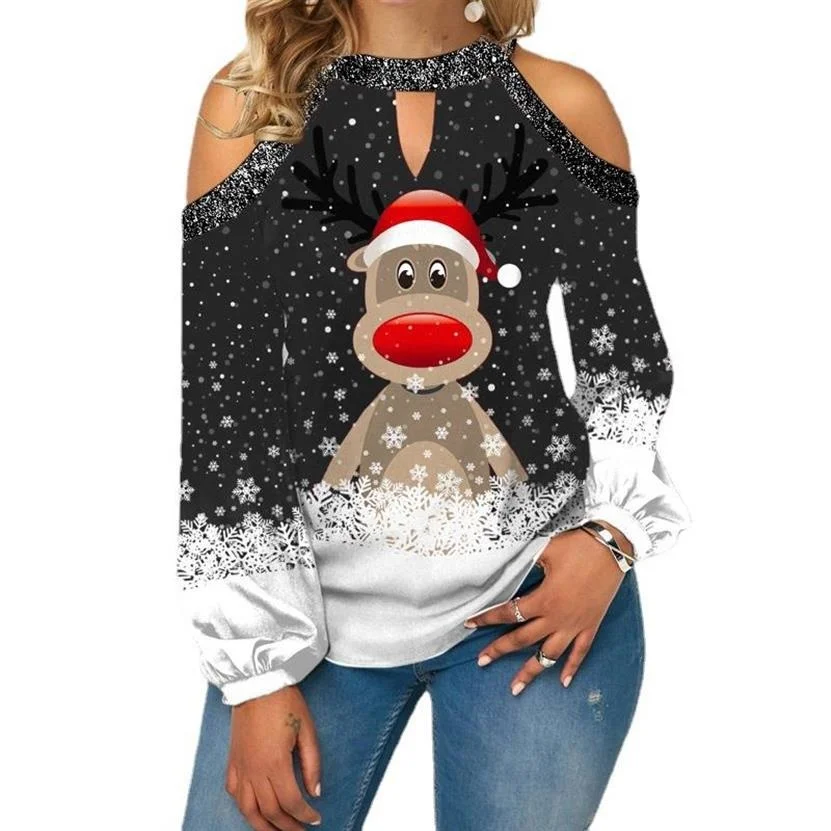 

Christmas Women Sexy Sweater Autumn V-Neck Long Sleeve Jumper Strapless Elk Printed Pullover Tops Christmas Pull Noel Femme