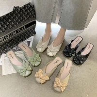 2021 new pearl half slippers womens comfortable thick heel casual sandals korean version of baotou lazy sandals and slippers