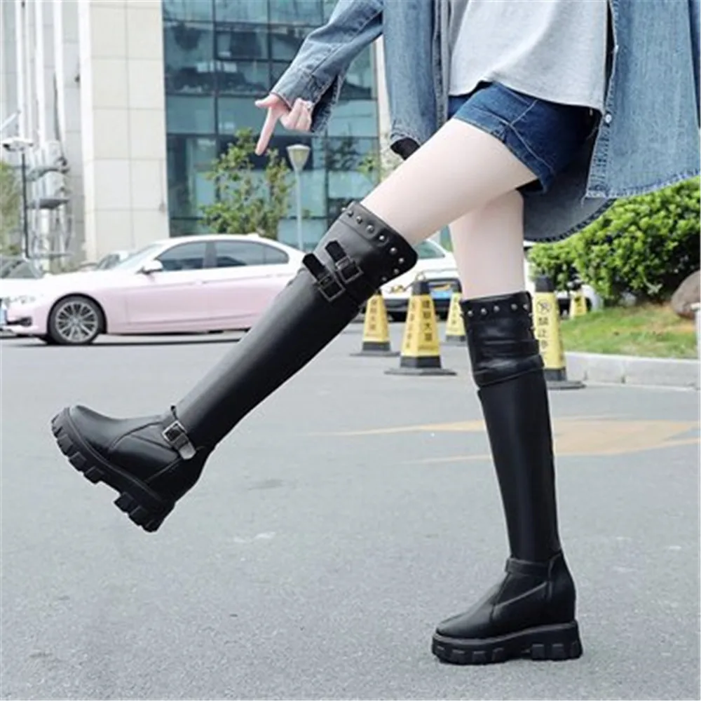

2020 Winter New Woman Over-the-Knee Boots Increase 10cm Rivet High Heel Long Boots Women Leather Stretch Boots Wedges High Boots