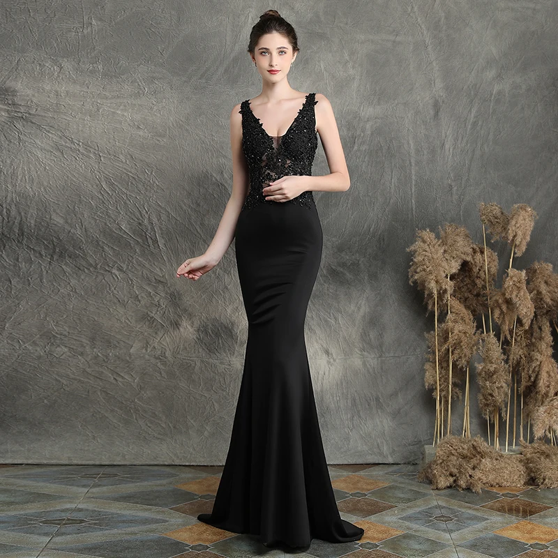 

V-neck Mermaid Evening Dress Long Appliques Lace Evening Gown Robe De Soiree Formal Dress Women Elegant Long Party Dress