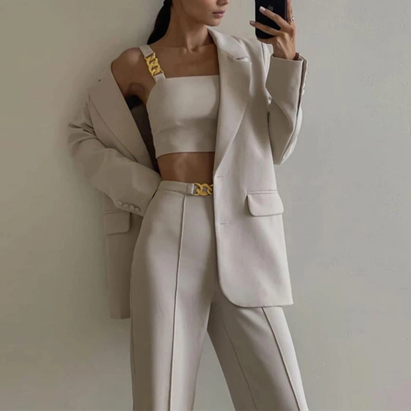 

Winter Women's 2 Piece Sets Slim Skinny Crop Tops Vest High Waist Wide Leg Pants Casual Sleeveless White Lady Sexy 2021 Outfits