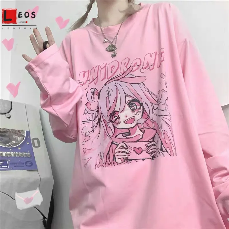 

Harajuku с длинными рукавами и рисунками из мультфильмов женская футболка свободного кроя; Очаровательный топ для девочки; Летняя повседневная...