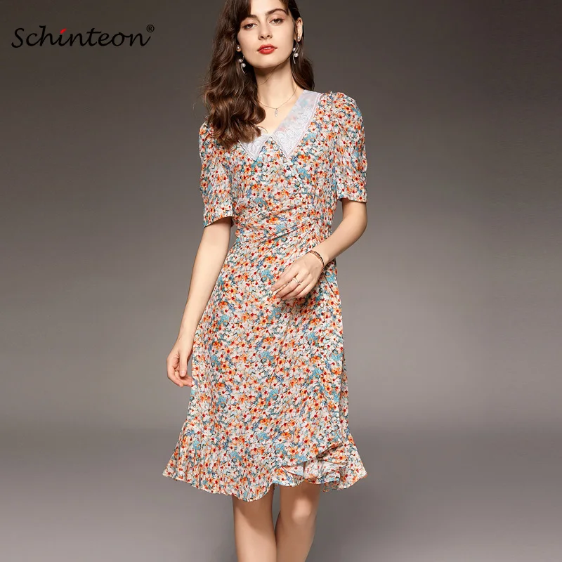 

Schinteon Women Silk Dress 100% Real Silk Flower Print Turn-down Collar A-Line Short Sleeved Summer Female Dress