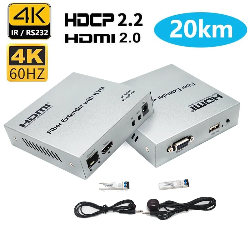 

20km HDMI-compatible KVM Extender by Fiber Optic Cable 4k 60hz Transmitter Receiver Audio Video Converter Fit USB Keyboard Mouse