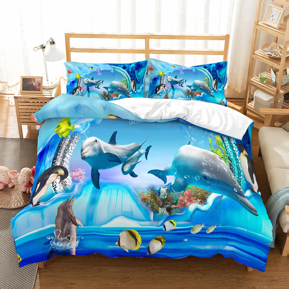 Комплект постельного белья с изображением дельфина голубого цвета пододеяльник
