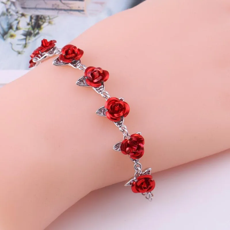 

25cm Rose Gold Color Link Chain Romantic Bracelet With Red Enamel Rose Jewelry Valentine Gift For Lover