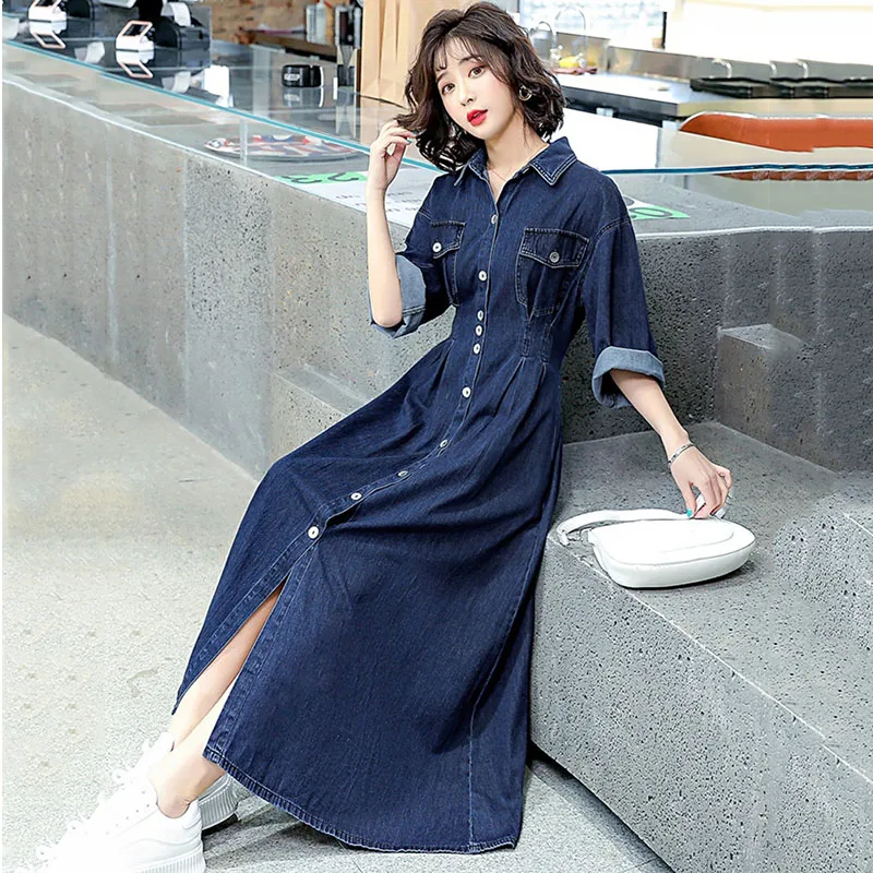 

Women Denim Dress Spring Summer New 2021 Cowboy Dress Female Mid-length Fashion Cowboy Dresses Women plus Size 4XL Dress Vestido