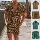 Мужские модные комплекты с леопардовым принтом, INCERUN, рубашка с короткими рукавами и лацканами, эластичные шорты, 2 предмета, летние пляжные мужские костюмы, Stteetwear 5XL