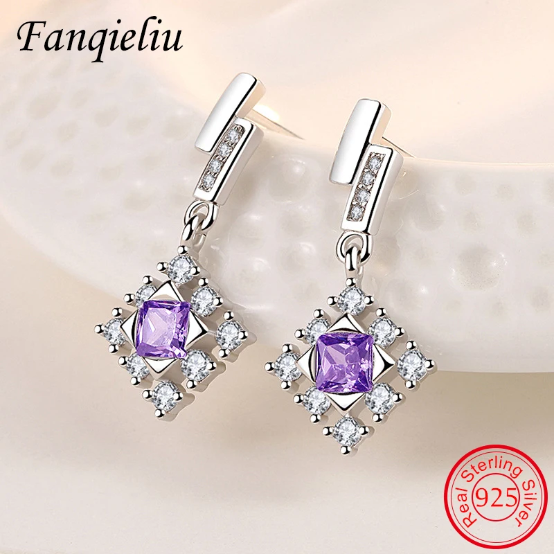 

Fanqieliu Purple Crystal Square Zircon Stud Real 925 Sterling Silver Earrings Girl New Jewelry Trendy Gift For Woman FQL21552
