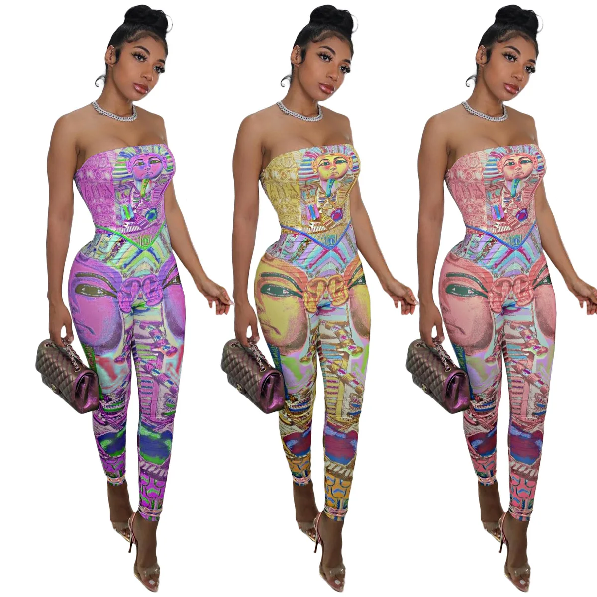 

Fashion casual cartoon avatar positioning stitching 3-color sleeveless tube top halter jumpsuit