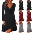 Женское платье на осень и зиму, модное Стильное однотонное платье-трапеция с длинным рукавом и V-образным вырезом, элегантное платье, вечерние платья