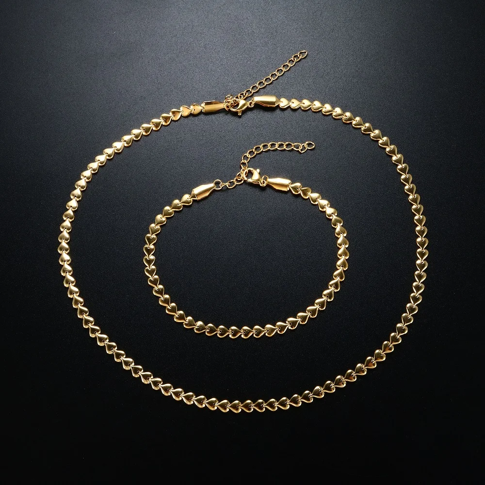 

ZMFashion Wheat Ear Heart Chain Bracelet Necklace High Quality Stainless Steel Jewelry Set Choker Bangle For Women Men Lover