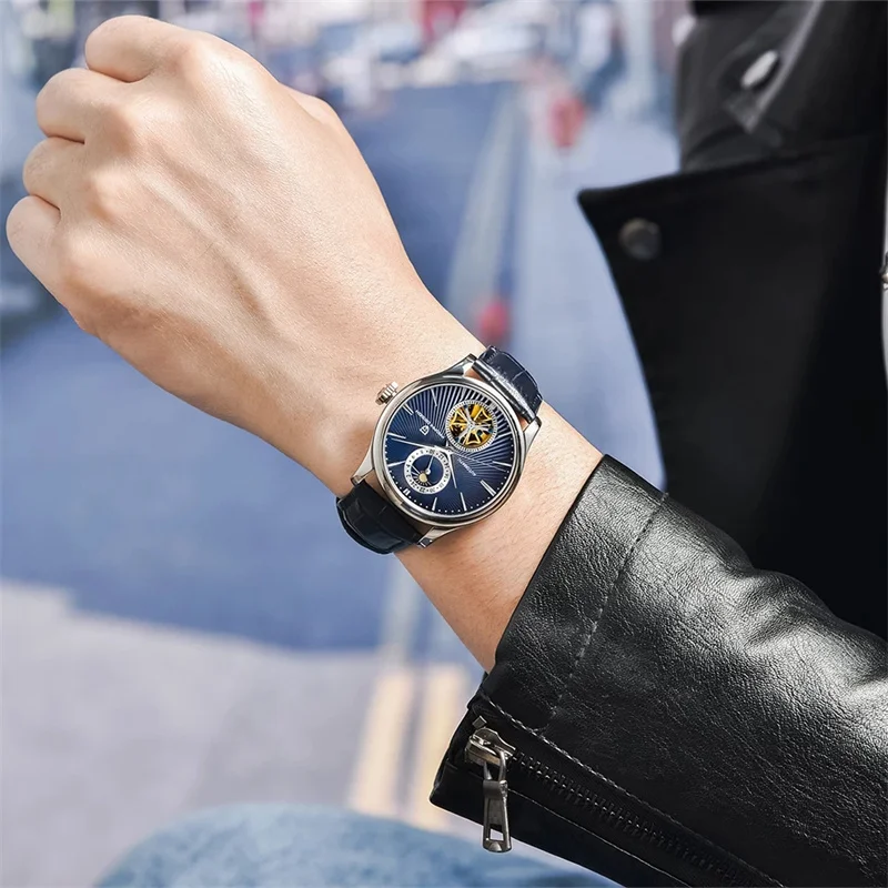 

PAGANI DESIGN Automatic Mechanical Men Watches Sapphire Crystal Retro Wrist Watch Tourbillon Moon Phase Leather Relojes Hombre