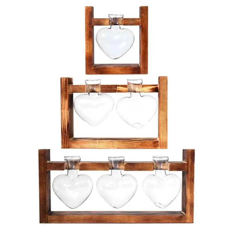 Новая деревянная рамка стеклянная ваза в форме сердца гидропонная для цветов