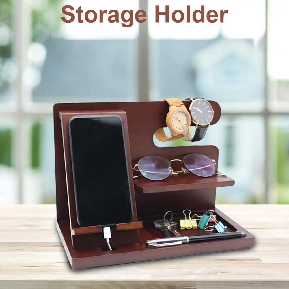 

Phone Holder Stable Multifunctional Wooden Phone Organizer Key Wallet Watch Storage Shelf for Bedside Table
