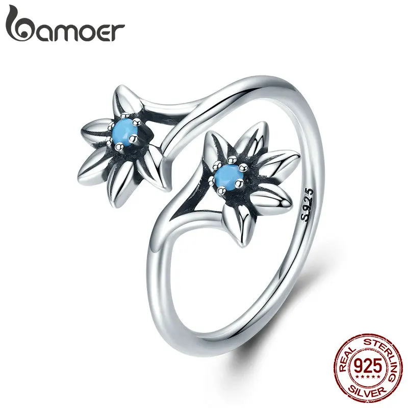 BAMOER, 925 пробы, серебряное, популярное, ромашка, цветок, голубой CZ, Женское кольцо, вечерние, для помолвки, ювелирное изделие, подарок, регулируемый размер SCR249
