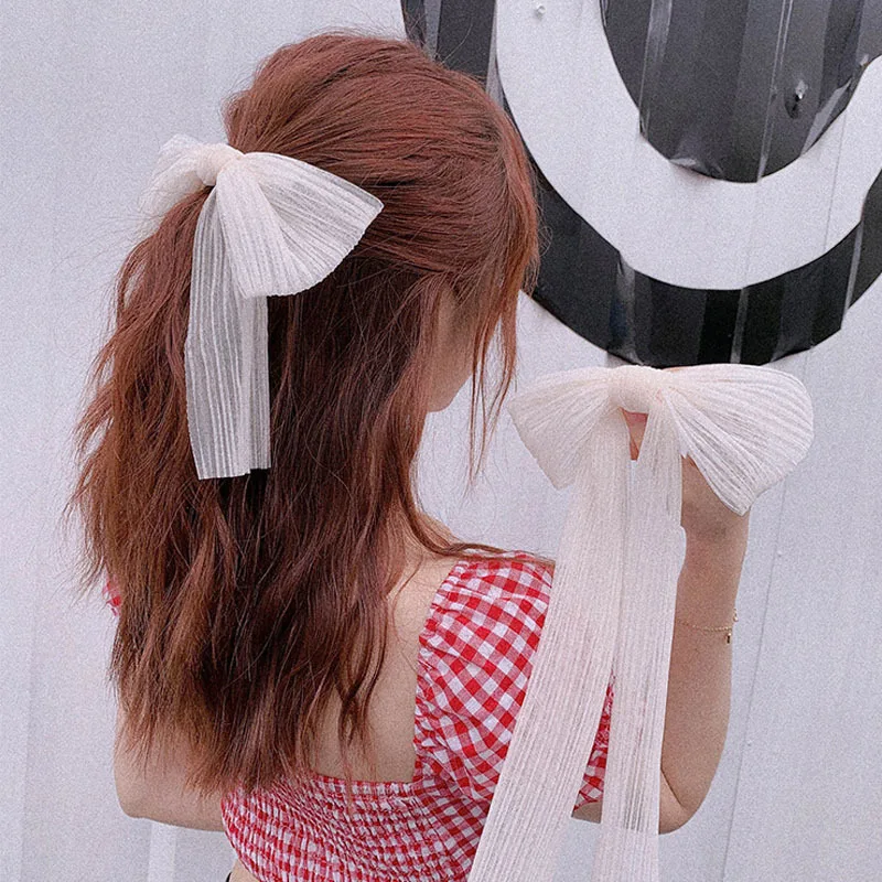 

Fashionable Long Lady Wedding Party Girls Spring Clip Popular Net Yarn Bowknot Ribbon Hair Clip Nice White Oversize Bow Hairpin