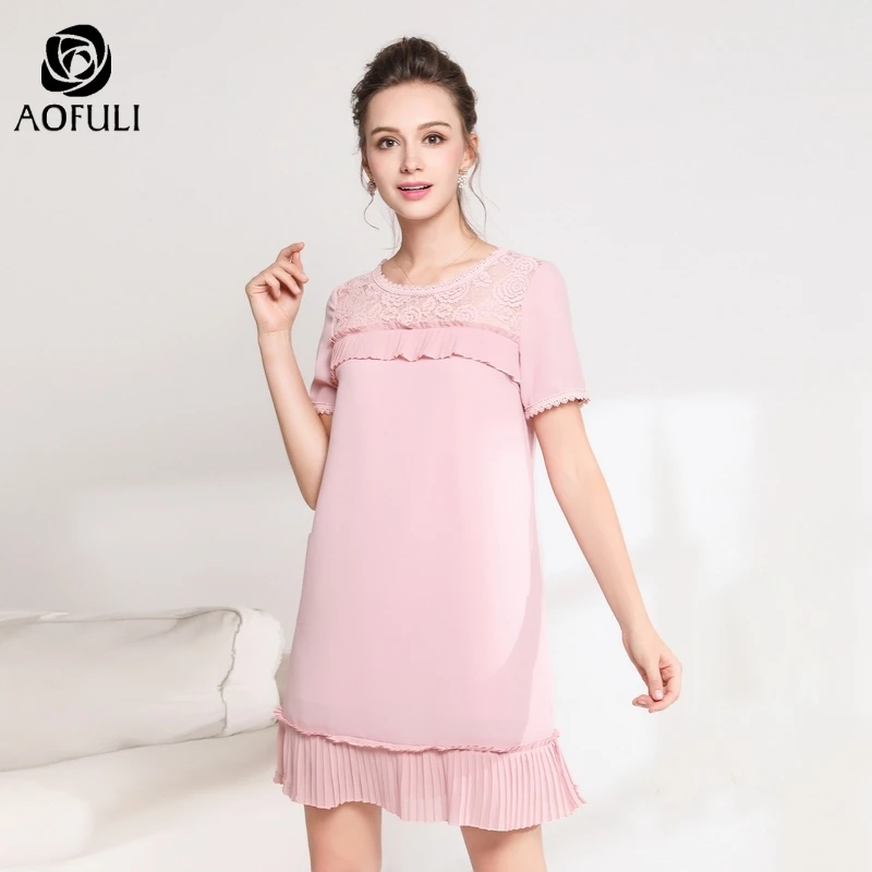 Женское кружевное платье AOFULI A3610 розовое Пестрое большого размера L ~ 4XL 5XL с