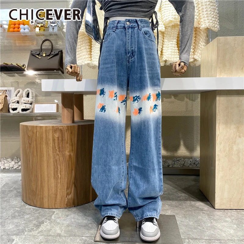 

CHICEVER Vintage Floral Print Loose Jean Female High Waist Full Length Colorblock Straight Fashion Denim Pant For Women 2021 New