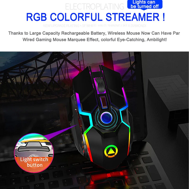 gaming mouse rechargeable wireless mouse silent 1600 dpi ergonomic rgb led backlit 2 4g usb receiver mouse for laptop computer free global shipping