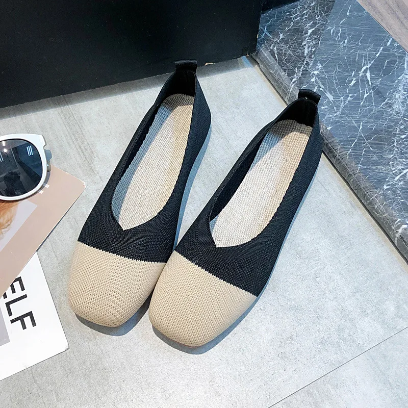 2020 Женская квадратная голова Flache Schuhe Atmungs Stricken Spitze Mischfarbe frauen Weiche Frauen Zapato de|Обувь