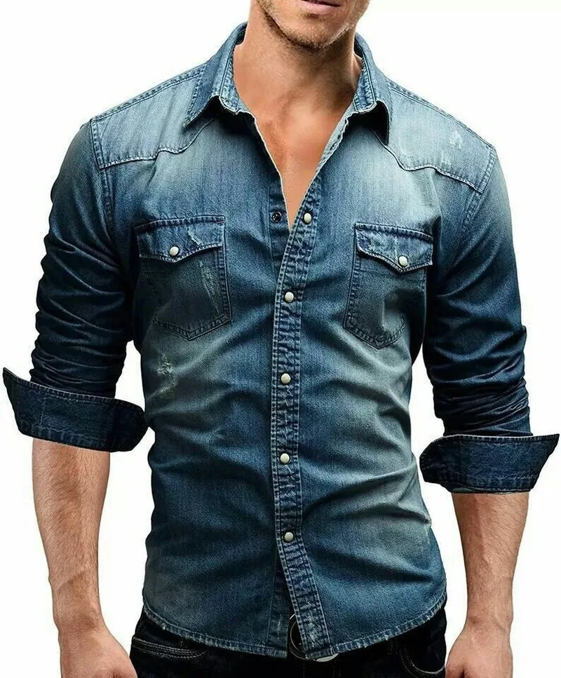 

New Men's Long-sleeved Shirt European American Style Youth Casual Solid Color Stitching Men's Denim Shirt for Men