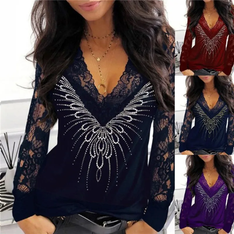

Shirts for Women Lace Long Sleeve Tshirts Spring Autumn Ladies Casual Sexy V Neck Dot Print Slim Fit Shirt Tops