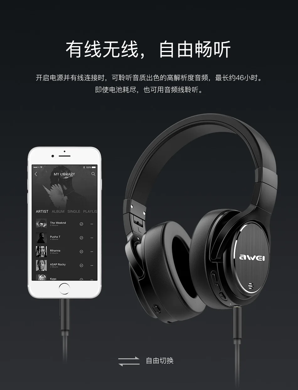 Awei Dimension A950BL активное шумоподавление ANC Bluetooth гарнитура Беспроводные складные затычки для мобильного телефона OEM