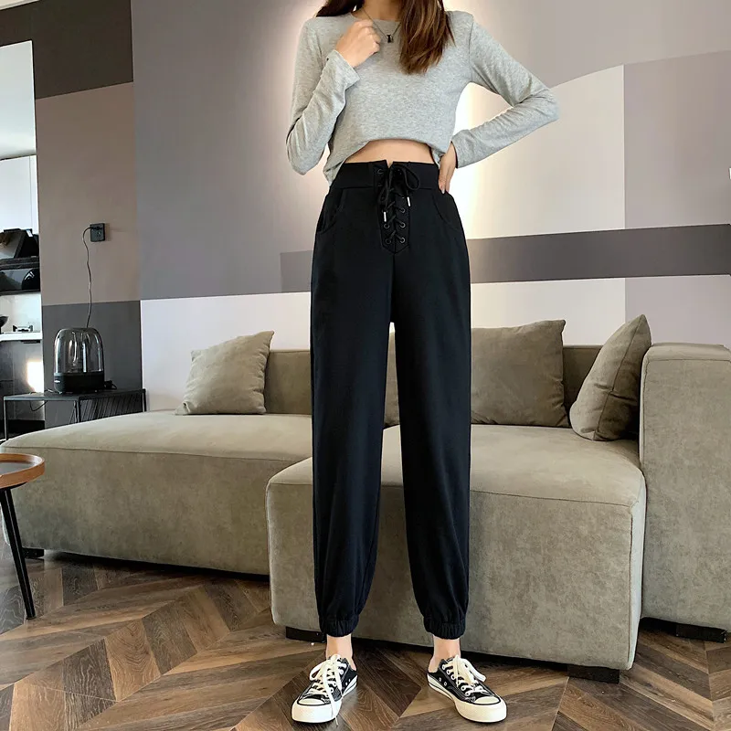 

High waist slimming lace-up casual pants women's 2020 autumn and winter new simple fashion all-match loose straight leggings