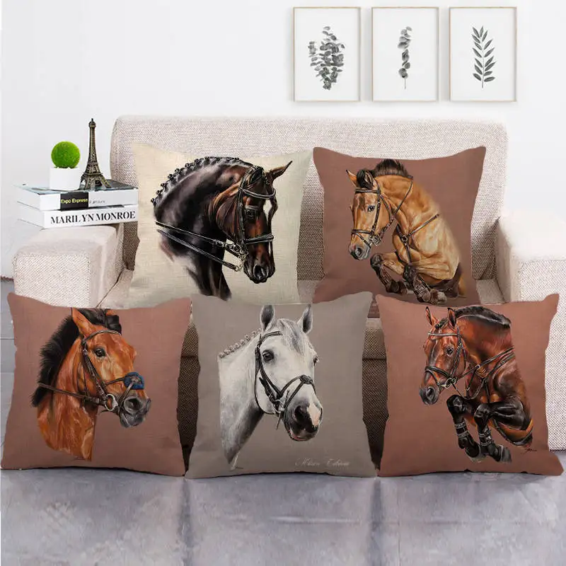 

Retro Horse Linen Cushion Cover Wild Decorations for Sofa Couch Pillow Covers 45x45cm Home Living Room Personalized Decor