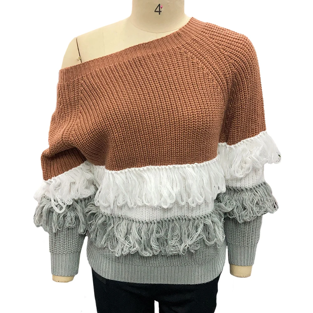 Модный женский свитер с кисточками лоскутный Теплый Женский пуловер круглым
