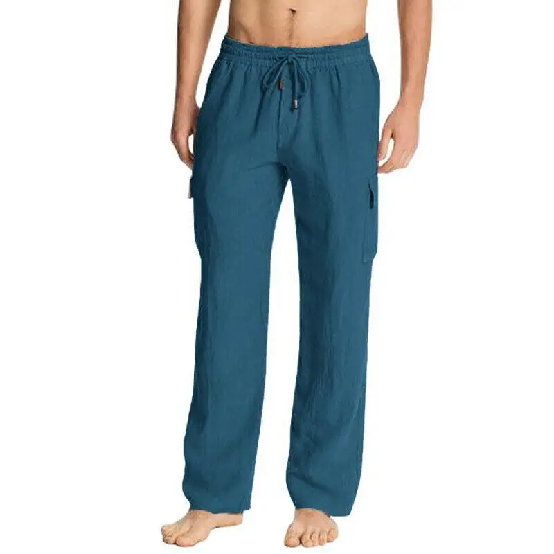 

Mens Pants Casual Loose Drawstring Elastic Waist Pockets Plain Trousers