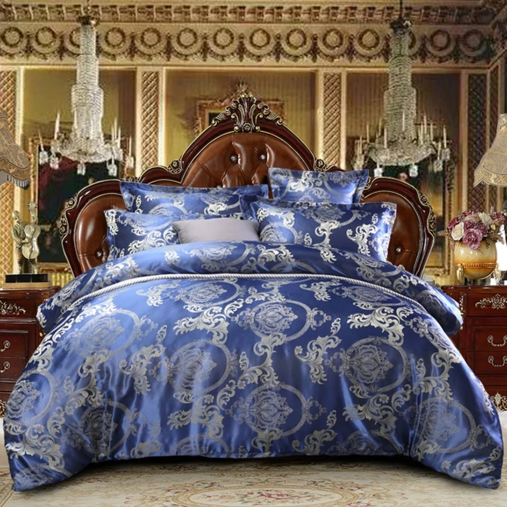 

Luxury Blue Wedding Couple Silk Satin Bedding Set 3/4pcs Queen King Size Comforter Duvet Cover Linens Pillowcases BedSheet