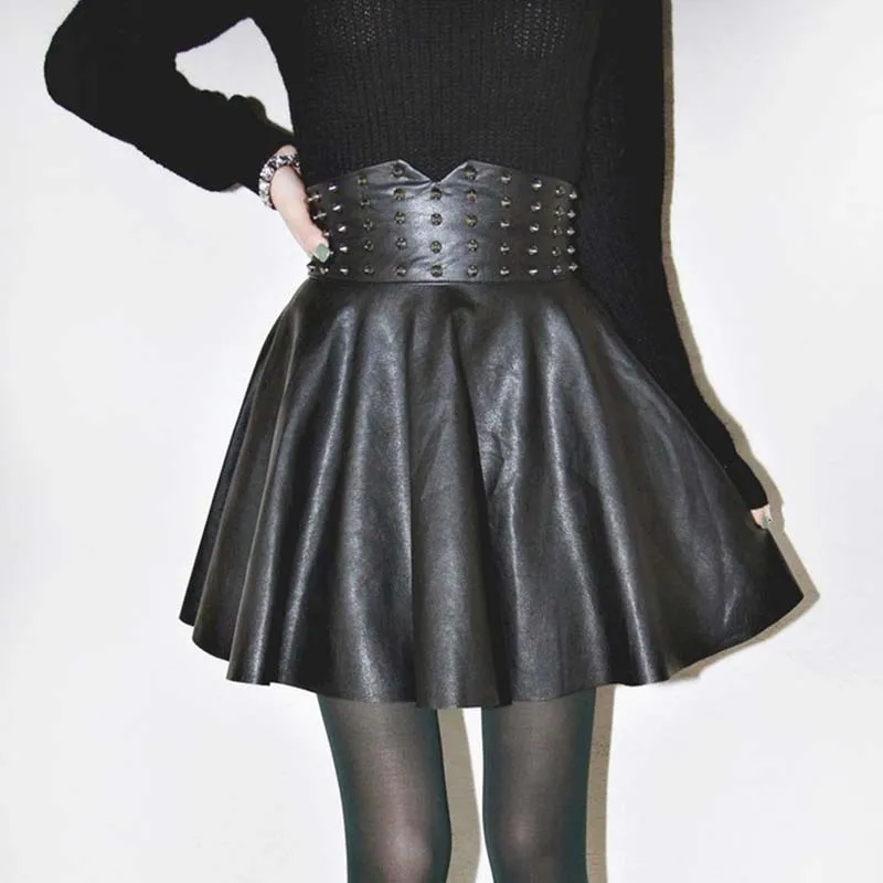 

2019 New Spring autumn Short Skirts Women fashion Solid color Rivet Pleated Black PU Sexy Skirt yy229