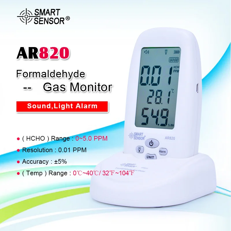 

AR820 Formaldehyde Gas Detector Monitor with Sound Light Alarm Temperature Humidity Moisture Tester Meter Range 0~5.0PPM