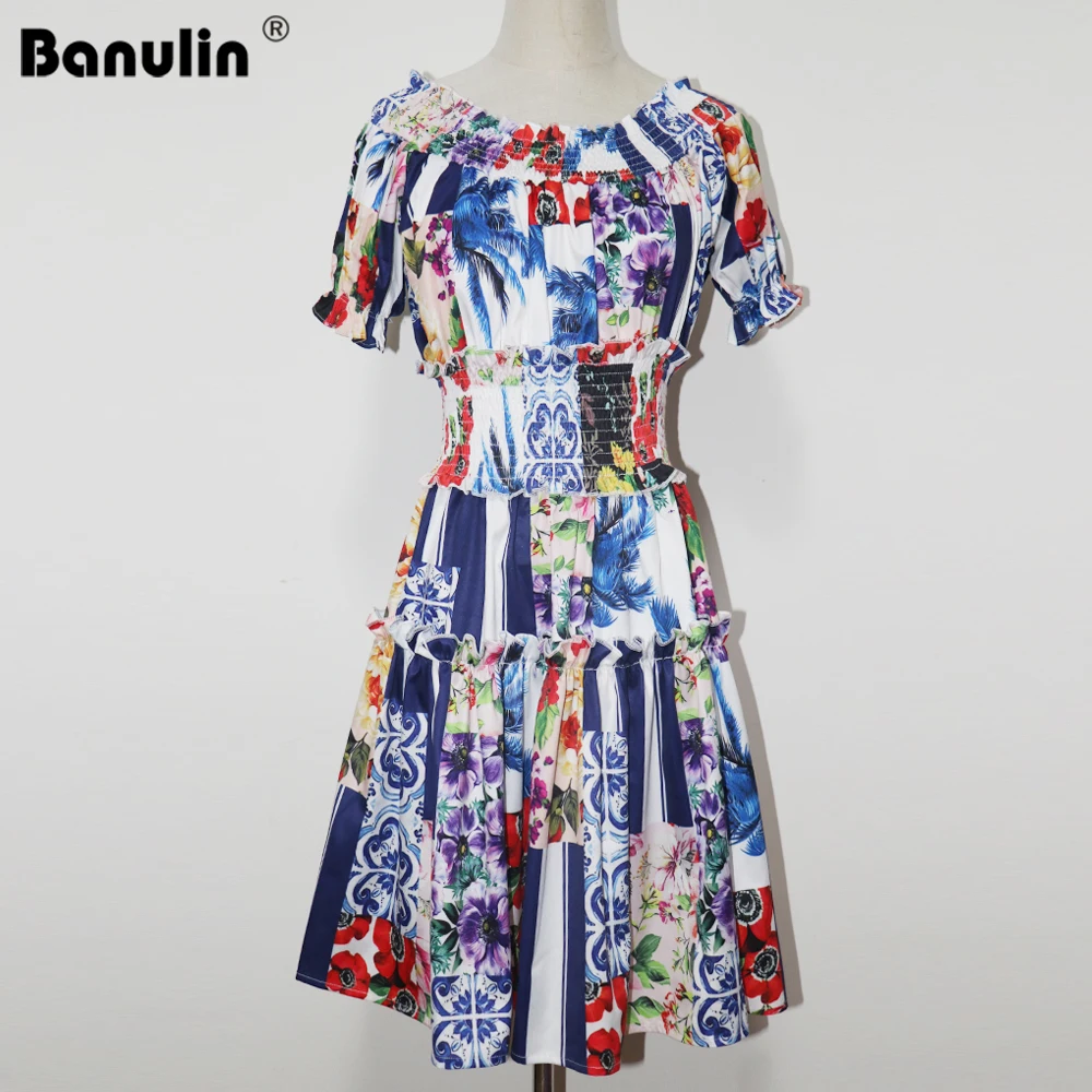 

Banulin 2021 Summer Fashion Runway Holiday Beach Dress Elegant Women Spaghetti Strap Puff Sleeve Floral Print Party Short Dress