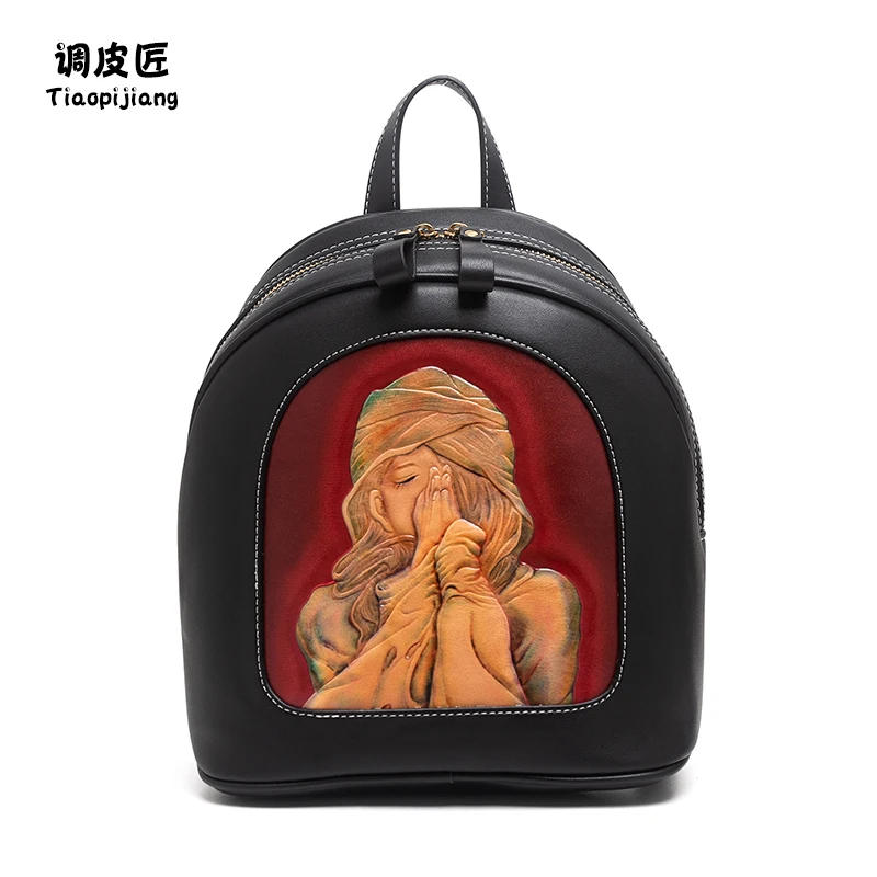 ★craftsman backpack women's leather bag 2021 New Fashion Travel Backpack niche design versatile leather carving bag