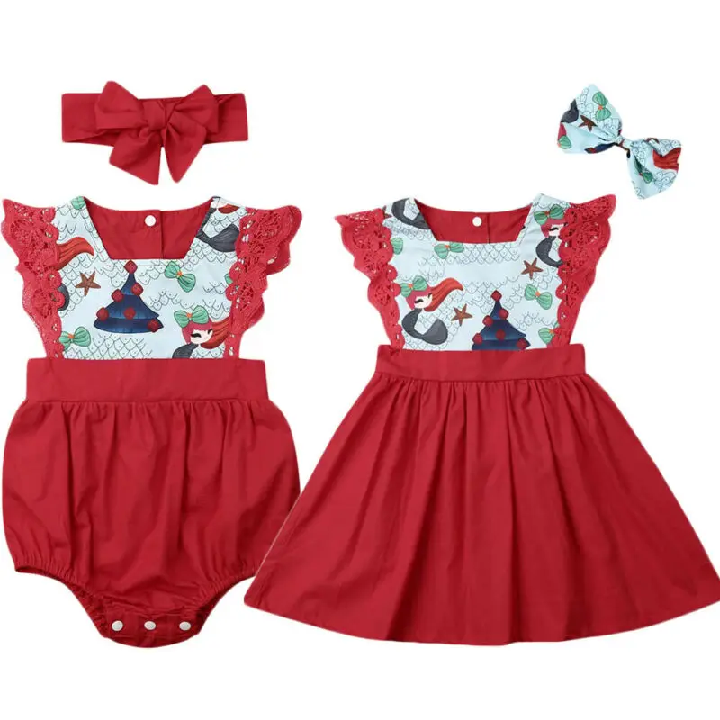 

Christmas Baby Girl Sister Matching Clothes Cartoon Romper Dress Sleeveless Outfits Fashion Kids Party Clothes